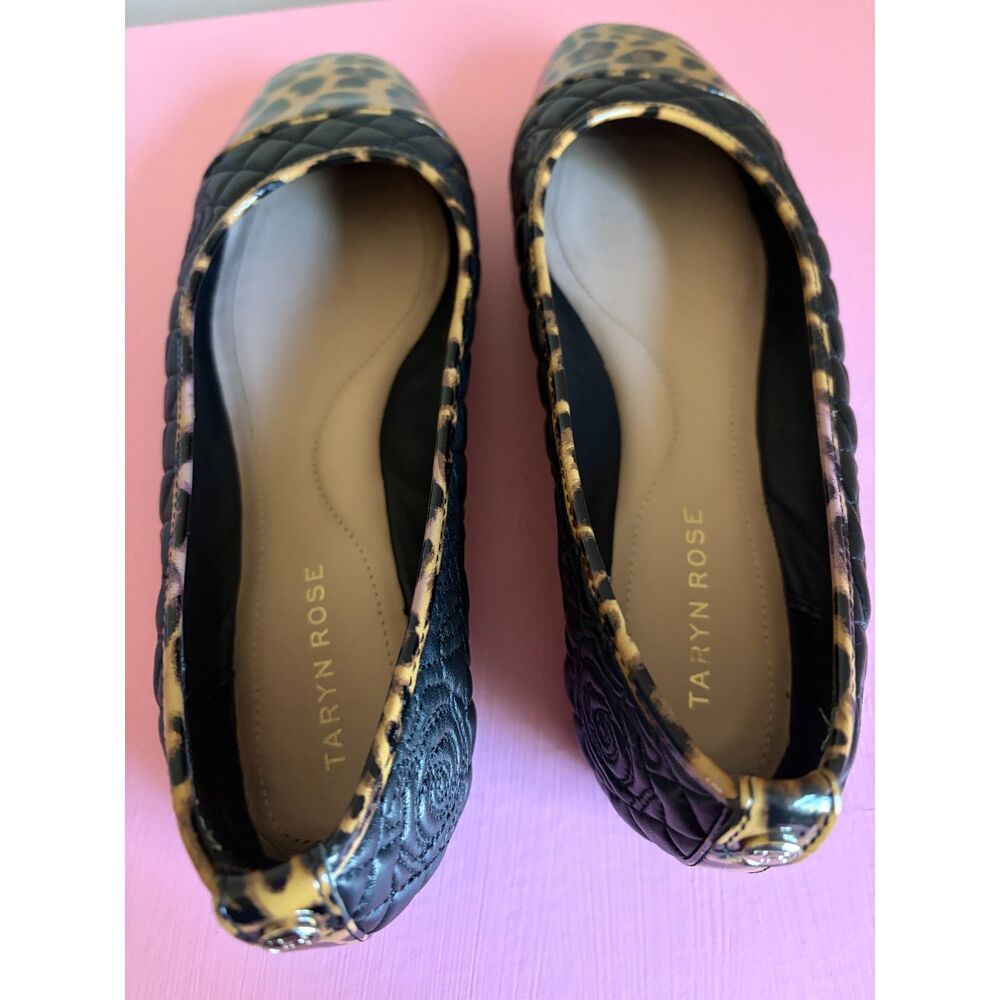 Taryn Rose "Reese" Quilted Black Leather & Leopard Cap-Toe Flats